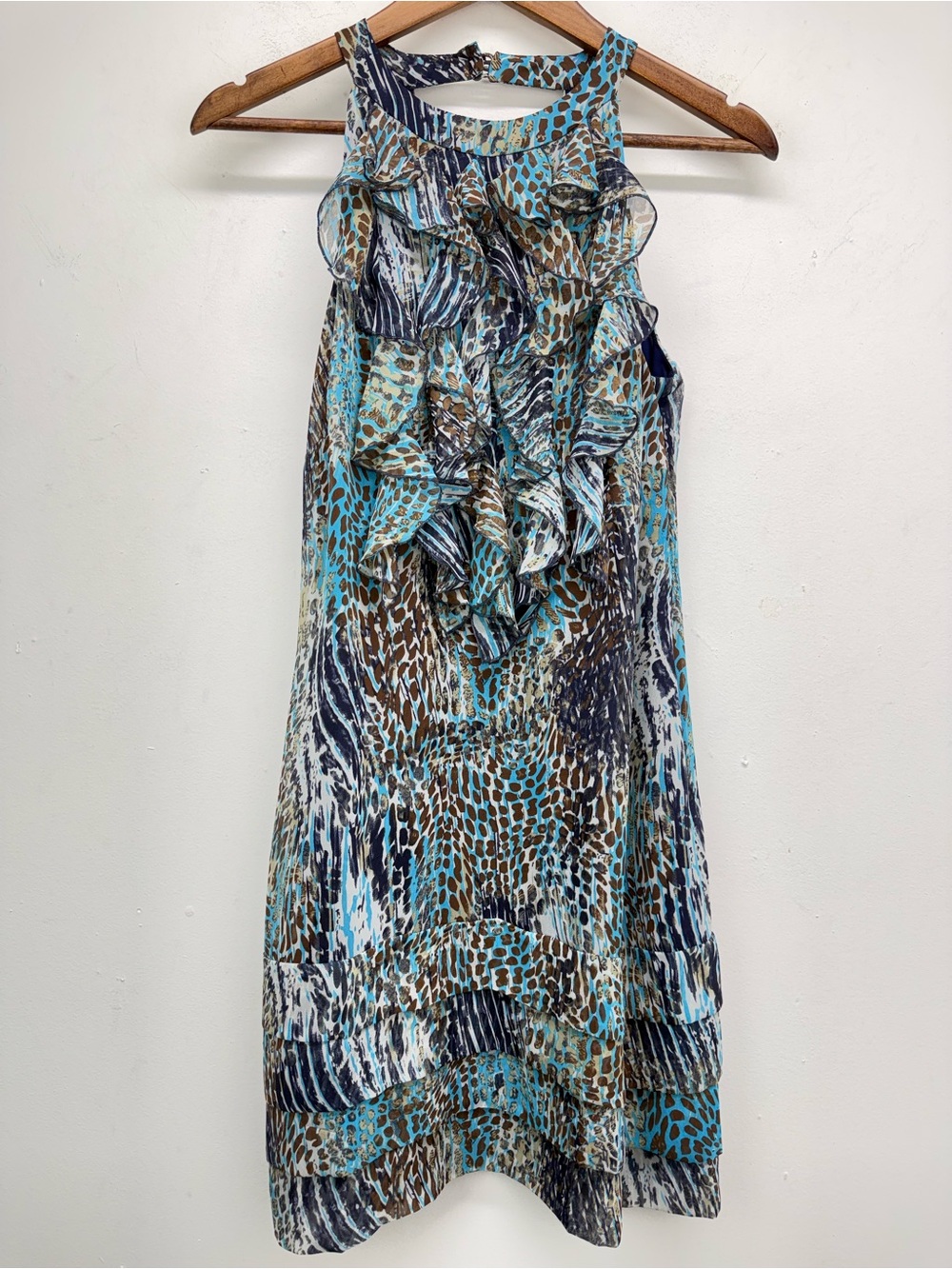 Ice Sz 8 Women’s Blue Brown Abstract Print Sleeveless Ruffle Tiered Halter Dress
